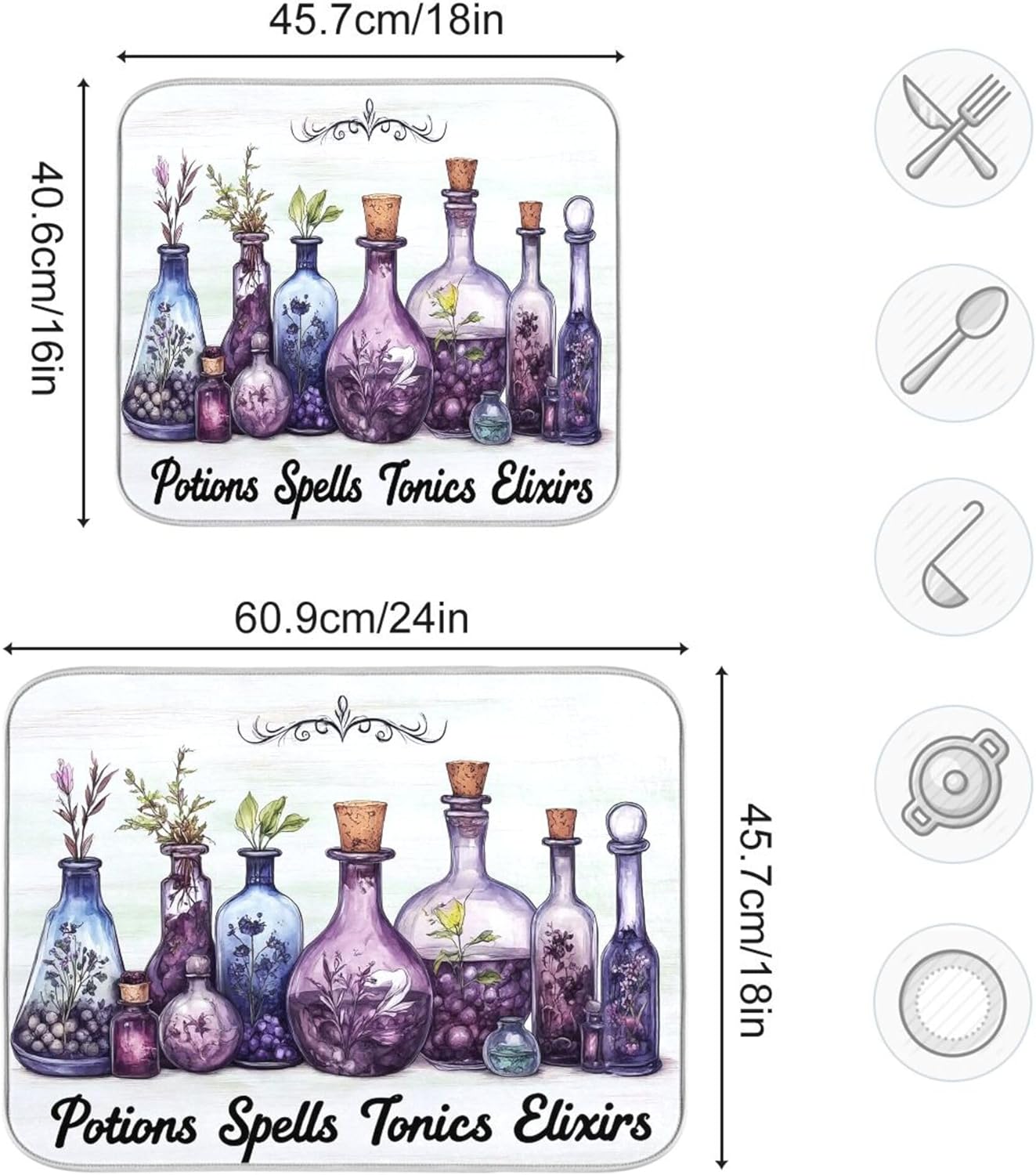 Halloween Potions Dish Drying Mat for Kitchen Countertop 18x24 Witch Herbs Purple Spooky Large Drying Mat Reusable Quick Dry Dish Sink Mats Easy Clean Decorative Essentials