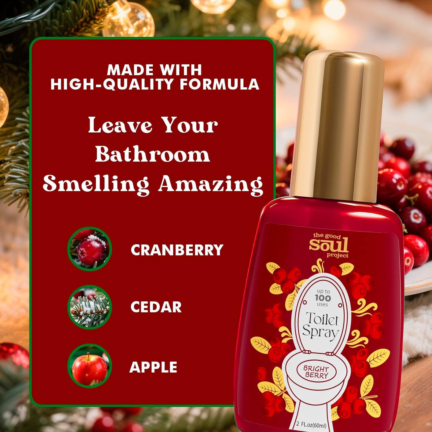 Holiday Toilet Spray, Bright Berry, 4 Fl.Oz, Up to 200 Uses, Travel Essentials, Bathroom Odor Deodorizer, Air Freshener Spray