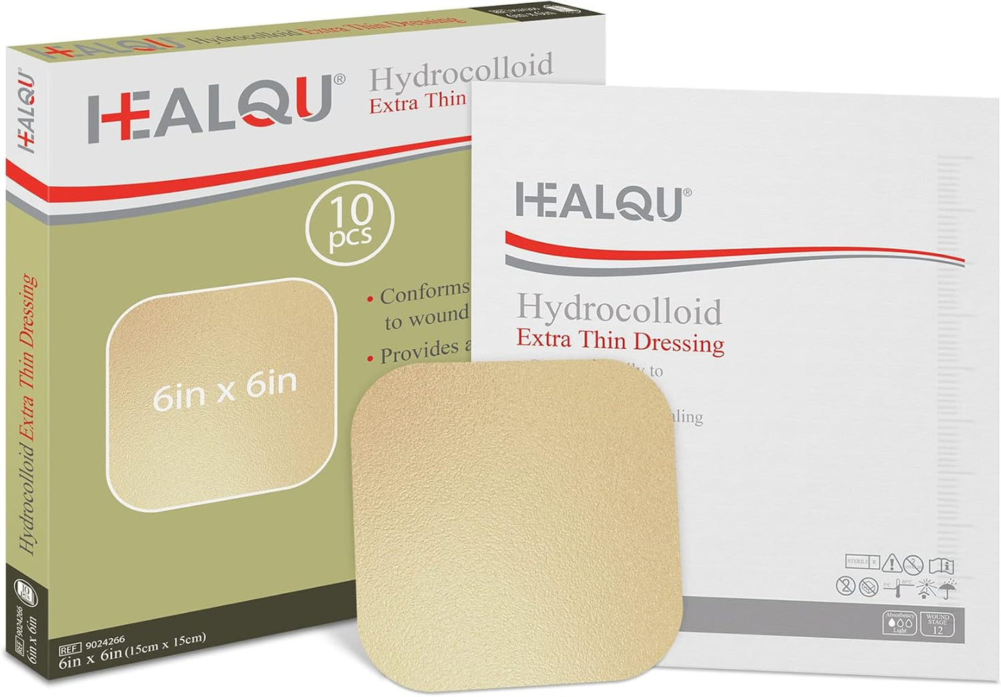 Healqu Hydrocolloid Wound Dressing - 6x6" Thin - Box of 10 Large Bandages - Sterilized Bordered Hydrocolloid Patches for Bed Sores, Abrasions, and More - Waterproof and Absorbent with Protective