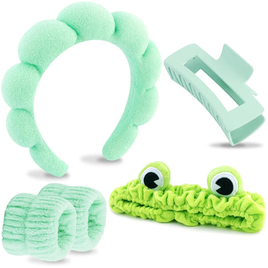 VELSCRUN Spa Headband, Makeup Face Wash Skincare Headbands, 5 Pcs Sponge Get Ready Frog Hairband Facial Wristband Hair Clip Set, Stuff for Teen Girls Women Trendy Fashion Hair Accessories Green