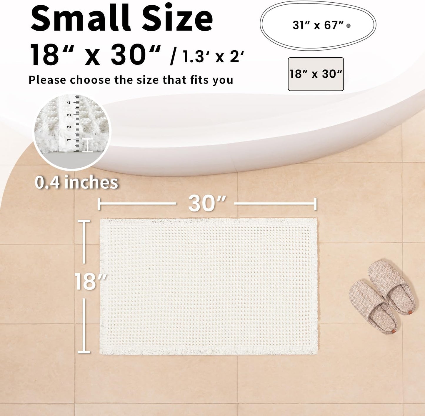 White Bathroom Rugs, Waffle Bath Mat Non Slip Washable, Super Absorbent & Quick Dry, Small Boho Bath Mat Farmhouse Bathroom Decor, 18'' x 30'', White