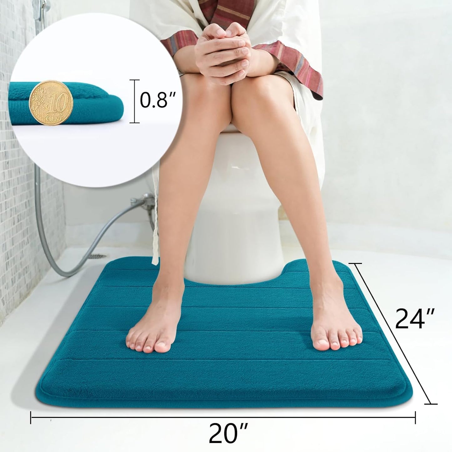 Yimobra Memory Foam Toilet Bath Mat U-Shaped, Soft and Comfortable, Water Absorption, Non-Slip, Thick, Machine Wash and Easier to Dry for Bathroom Commode Contour Rug, 24 X 20 Inches, Peacock Blue
