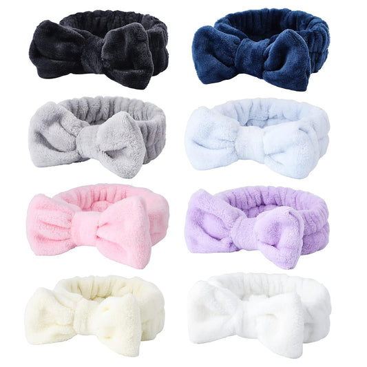 Face Headband 8Pcs Bow Hair Band Cute soft Facial Makeup Head Band for Face Washing Shower Skin Care Fluffy Spa Headband Coral Fleece Wraps for Woman Girl 8 Color Slumber Party Supplies