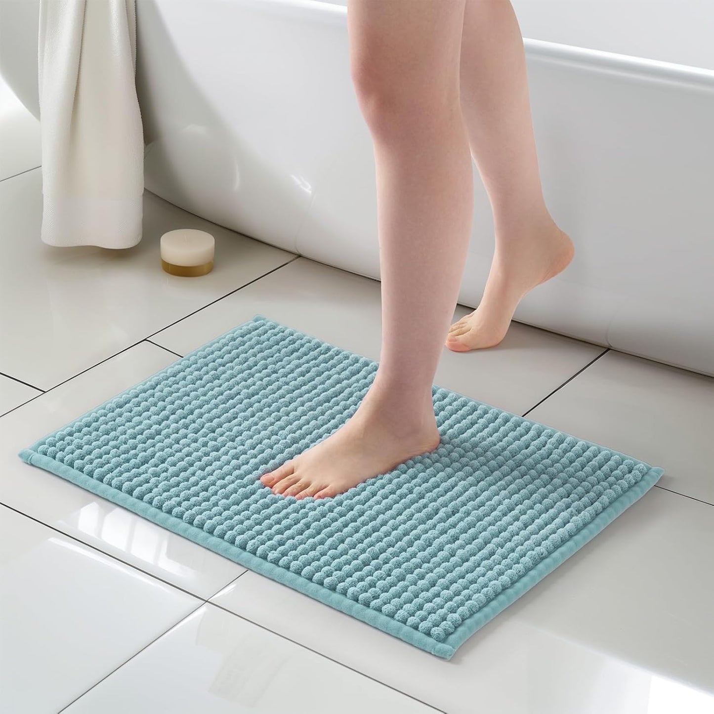 FRESHMINT Thick Chunky Chenille Bathroom Rugs 17"x24", Non Slip Bath Mat for Bathroom Floor, Small Soft Bathroom Decor Accessories, Cute Shower Mat Water Absorbent, Washable, Aqua Blue