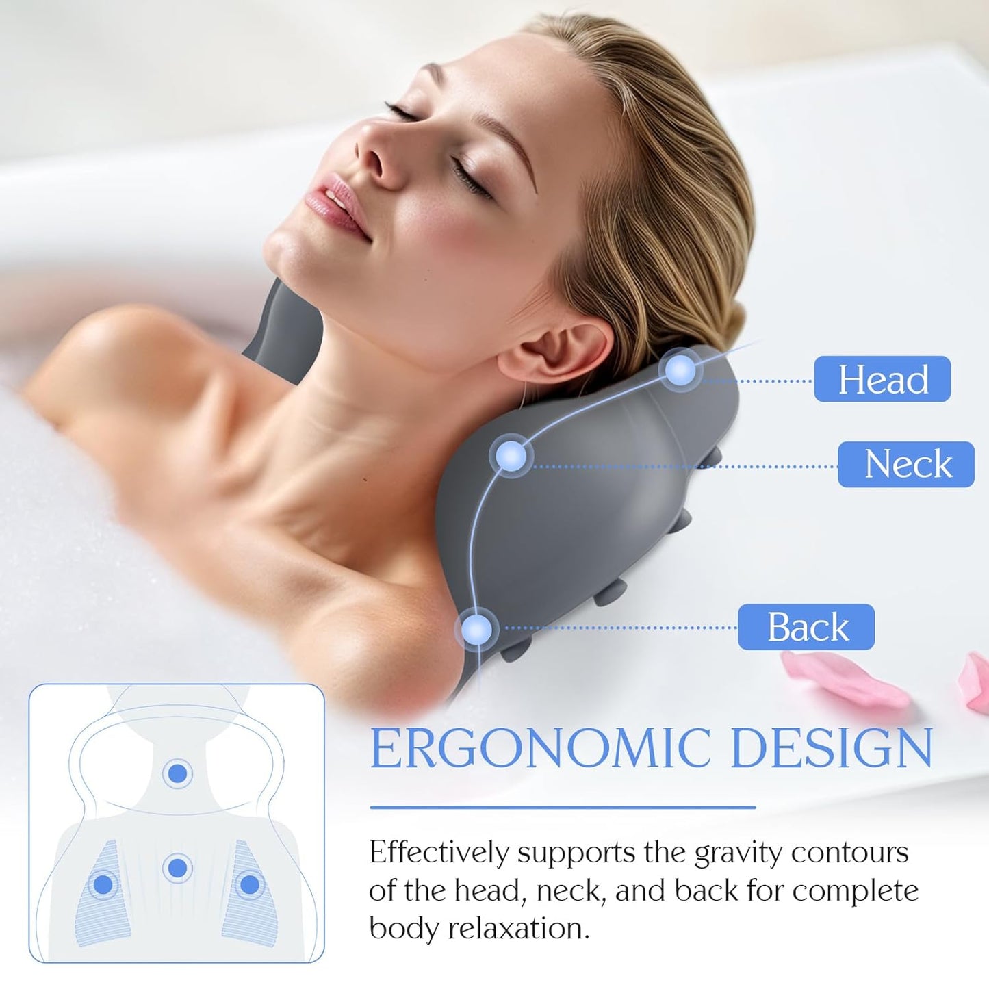 Silicone Bath Pillow, New Material Bath Pillows for Tub Head Neck and Back Support, Bath Tub Pillow with 4D Press Inflatable Airbag and Non-Slip Strong Suction Cups, Quick-Drying, Easy to Store, Gray