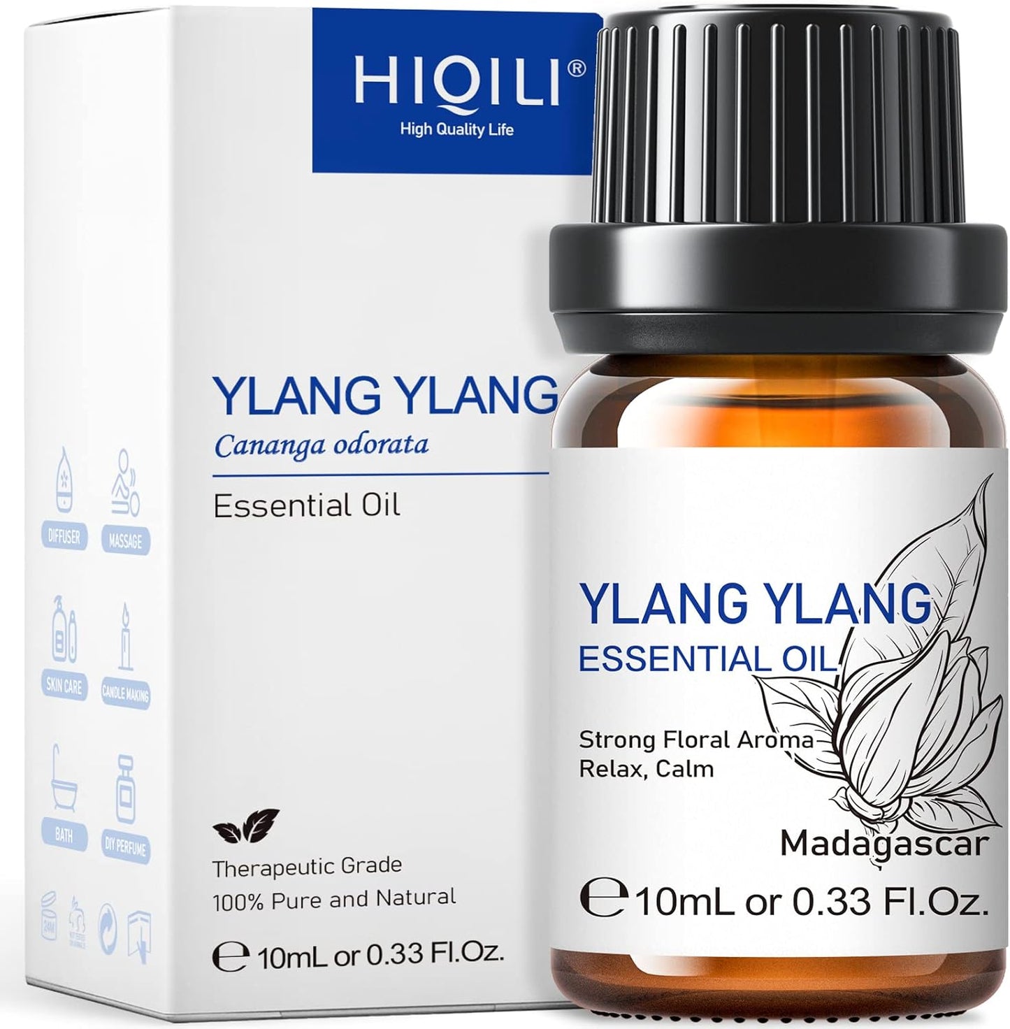 HIQILI 0.33 Fl Oz Ylang-Ylang Essential Oil, Long-Lasting Scent for Diffusers, Perfumes, Aromatherapy, DIY - 10 ML