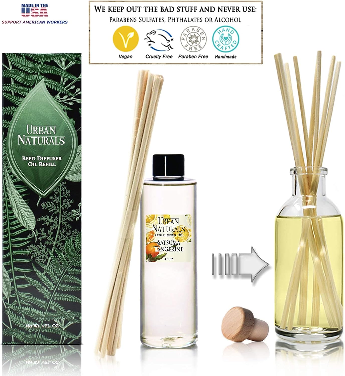 Urban Naturals Satsuma Tangerine Reed Diffuser Refill Set | Includes a Free Set of Reed Sticks! 4 oz | Long Lasting Room Scent | Great Home Gift Idea