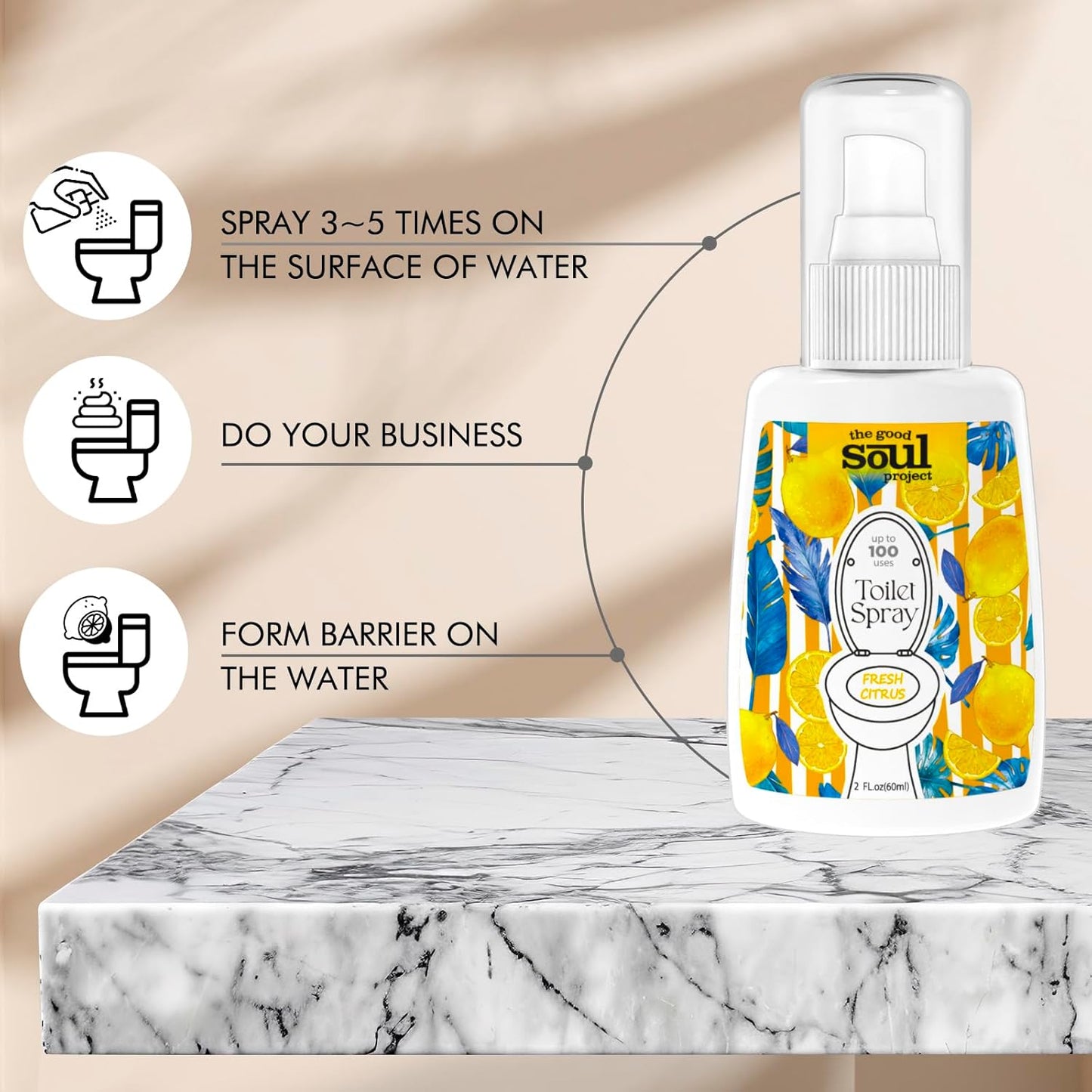 Toilet Spray for Poop, Fresh Citrus, Bathroom Spray Odor Eliminator, 2Fl Oz 2 Pack