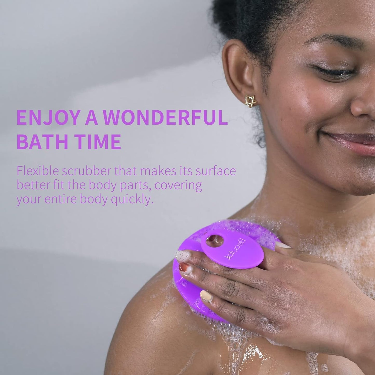 Silicone Body Scrubber 2 Pack, BEAUTAIL Shower Bath Scrubber, More Hygienic Than Traditional Loofah, Lather Nicely, Gentle Exfoliating Brush for Women Men Baby Sensitive Skin, Black+Purple