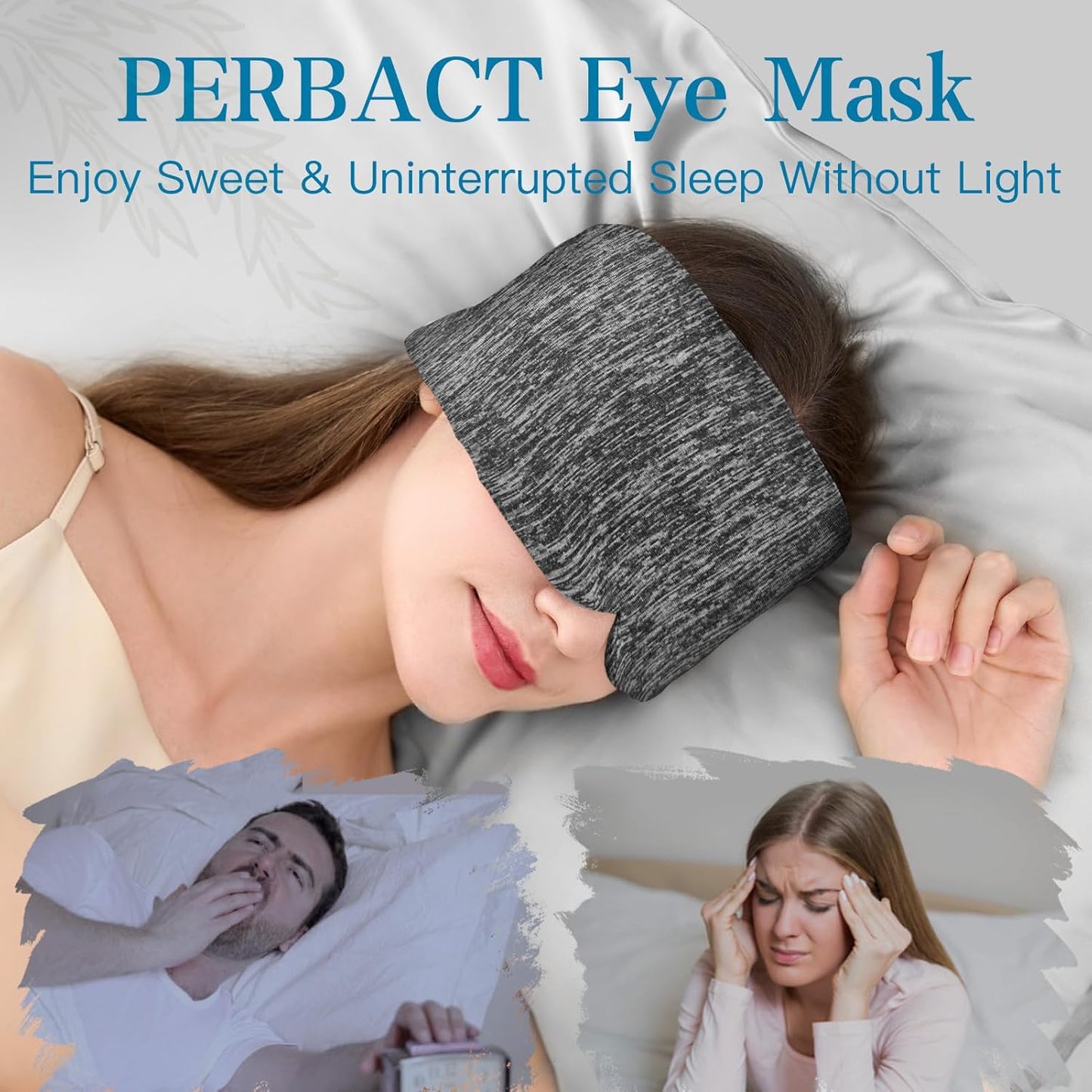 2 Pack Sleep Masks, Cooling Fabric Soothing Sleeping Mask for Side Sleeper, Large Size Adjustable Velcro Cool Eye Masks, No Gel, No Eye Cups, No Pressure (Light Blue & Black Gray)