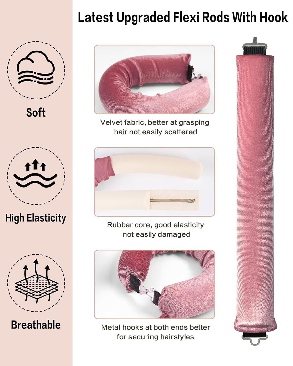 Heatless Curls Overnight Hair Curler - 4 Pcs Curling Rod to Sleep In, Velvet Hair Rollers with Satin Hair Scarf