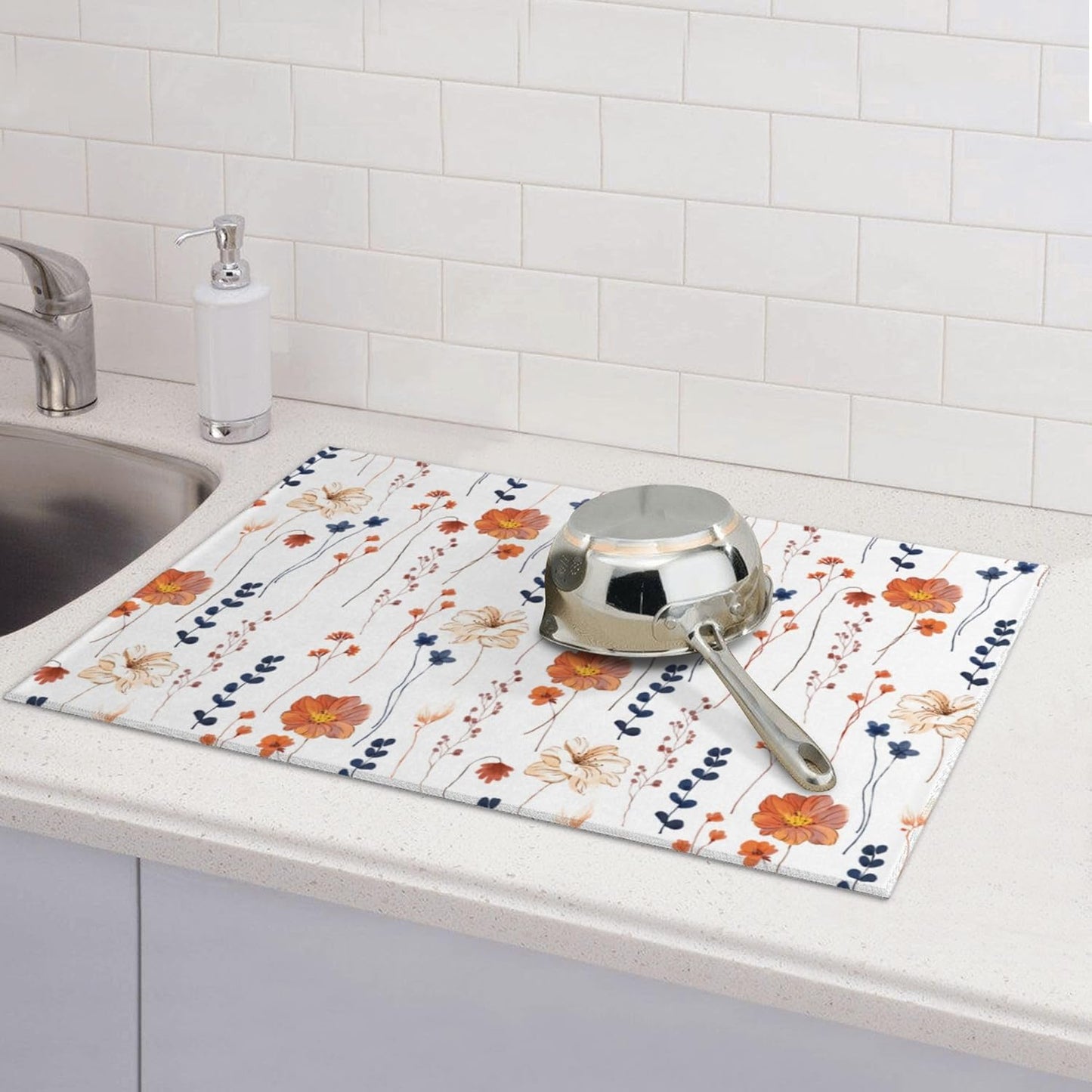 Orange Flower Decorative Dish Drying Mat for Kitchen Counter Watercolor Orange Floral Drying Pad 18x24 Inch Modern Absorbent Reversible Dish Drainer Rack Mats