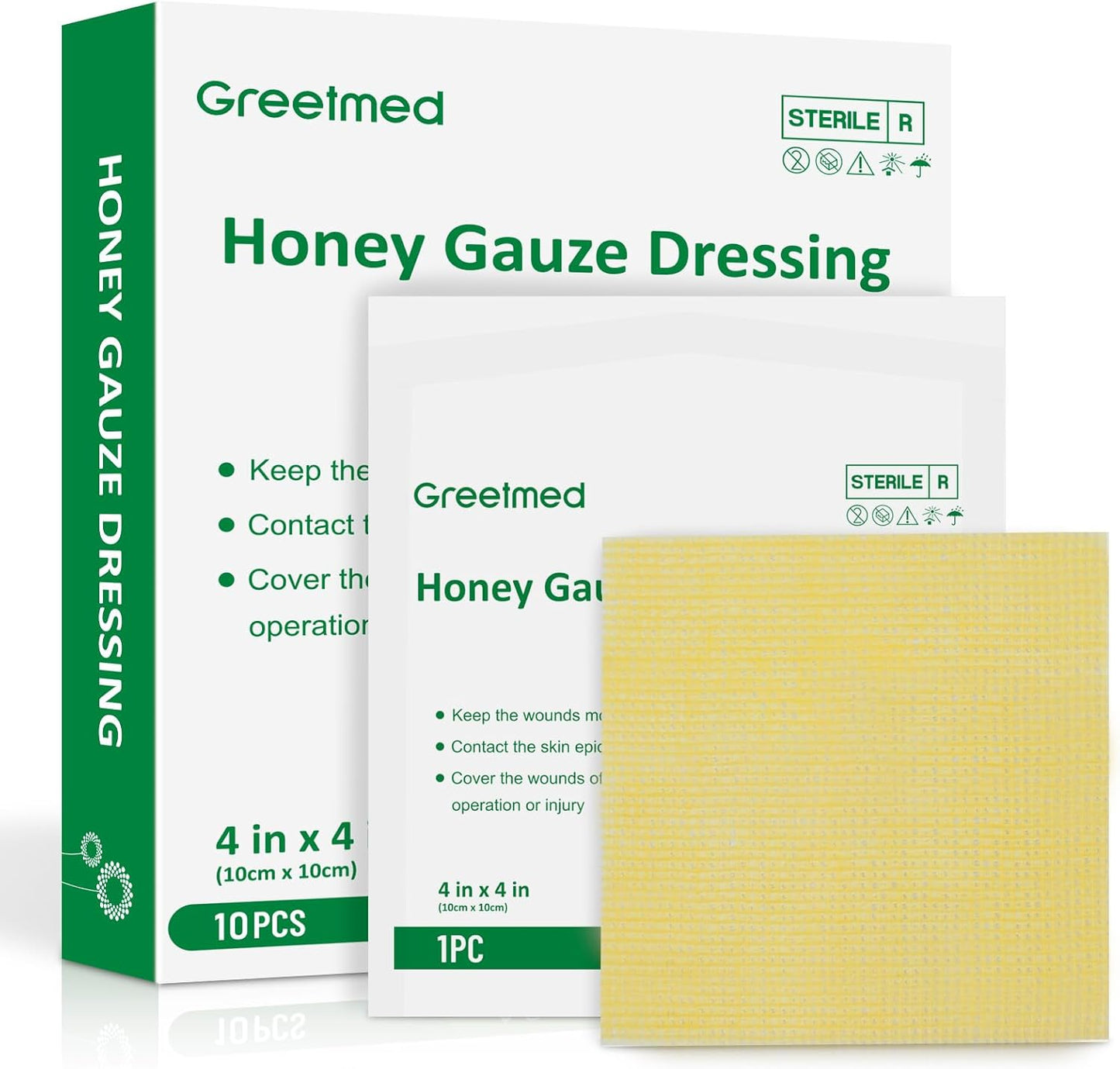 Honey Gauze Wound Dressing 4" x 4" Medical Grade Manuka Honey Wound Care Pads Honey Bandages for 1st & 2nd-Degree Burns, Abrasions, Cuts and Scalds (Individually Pack of 10)