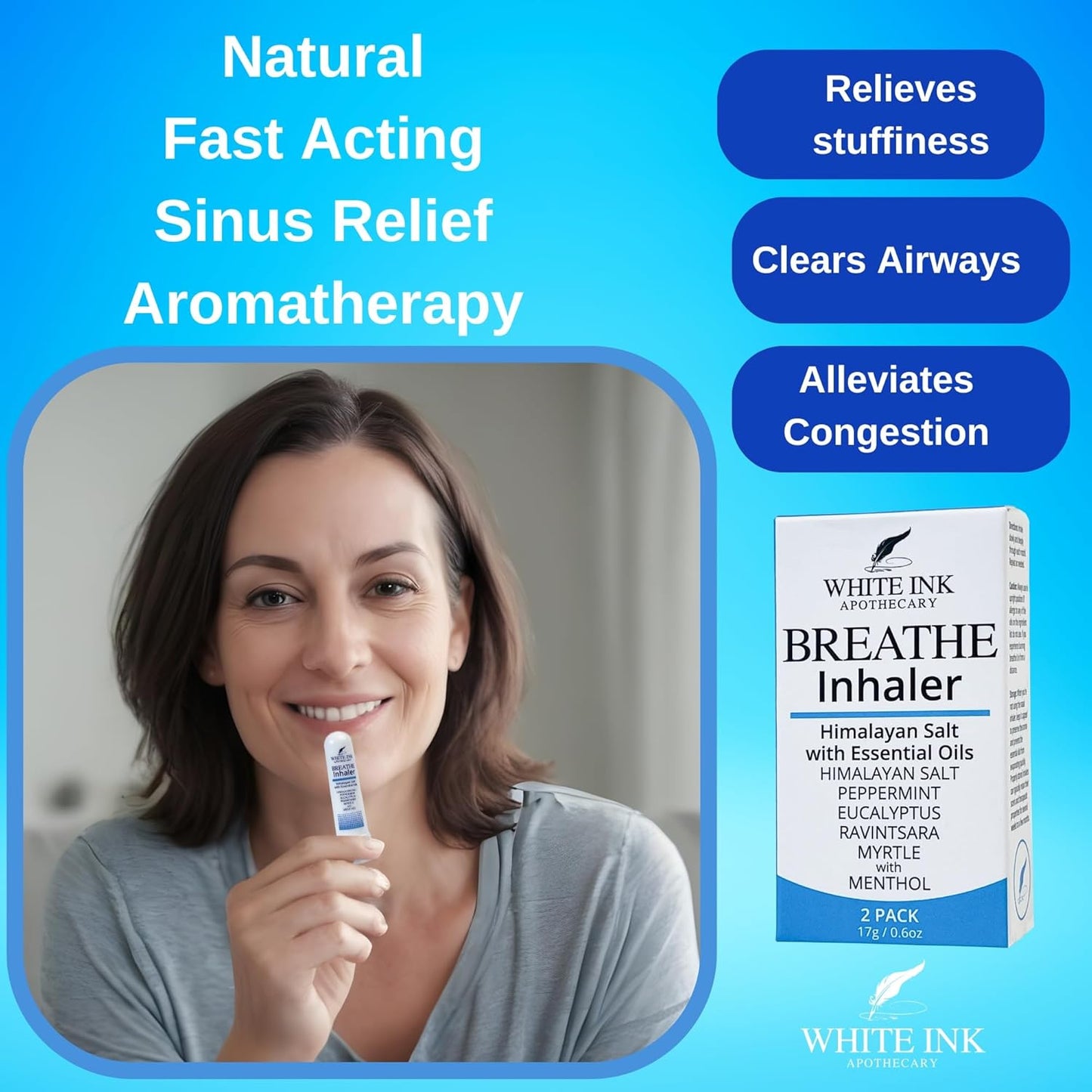 White Ink Breathe | Natural Essential Oil Inhaler Eucalyptus Peppermint | Congestion | Allergy | Focus | Aromatherapy Sinus Relief (2)