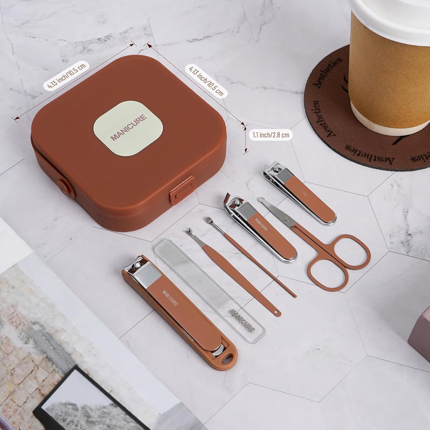 Nail Clippers Set for Men and Women 7 Pieces Stainless Steel Grooming Kits, Fingernail and Toenail Clipper Cutters with Luxurious Travel Case Nail Care Tools Manicure Pedicure Kit, Brown