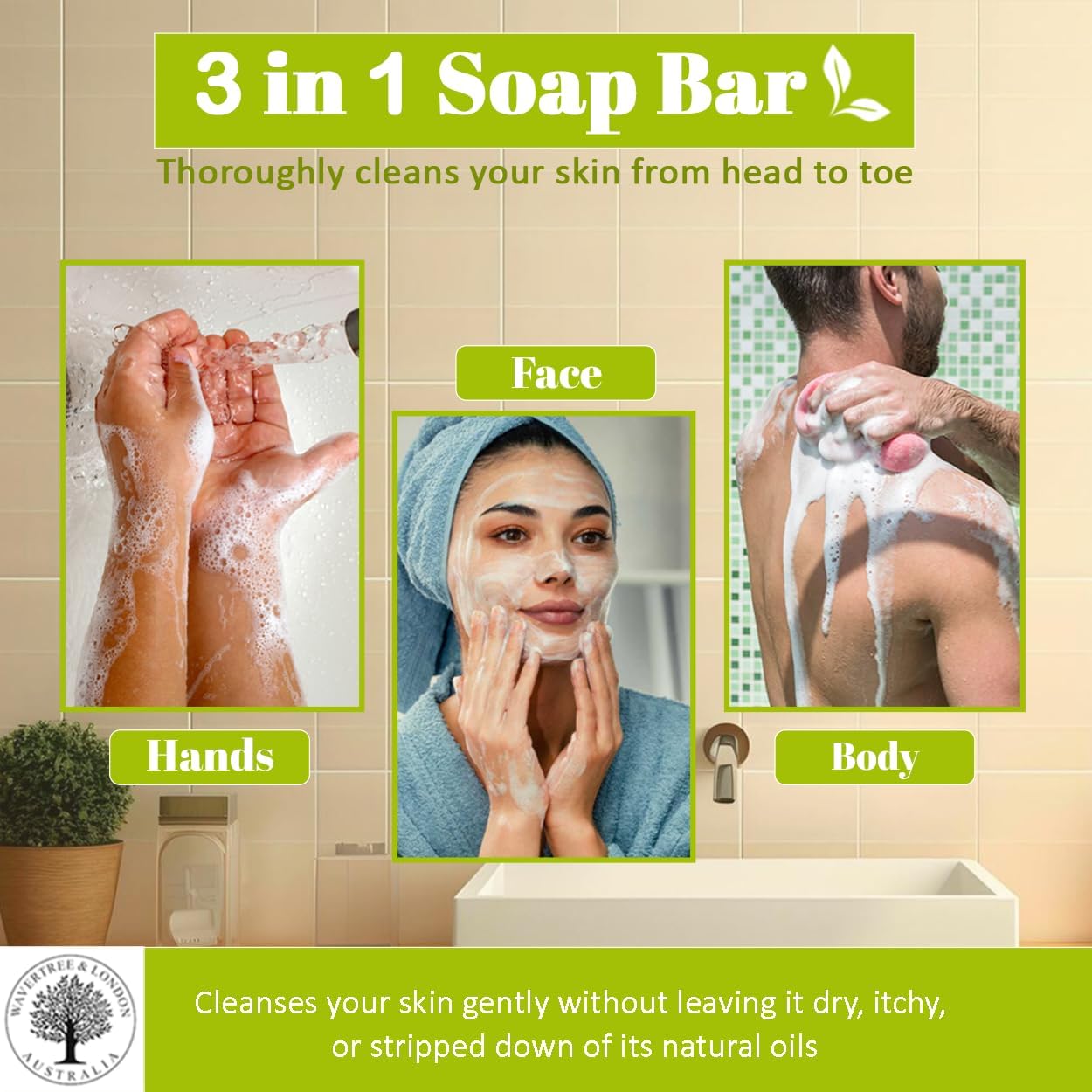 Wavertree & London Basil Lime & Mandarin Scented Natural Soap Bar, 7oz Moisturizing French Triple Milled Soap Bar for Women & Men