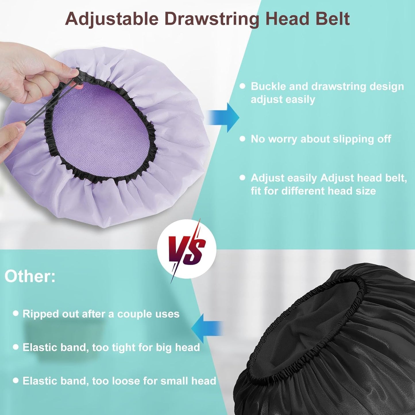 2 Pcs 13.5" Dual Waterproof Design Adjustable Terry Shower Cap for Women and Men, EVA Double Layer Bath Cap Reusable for Braids, Long Hair, Dreadlocks