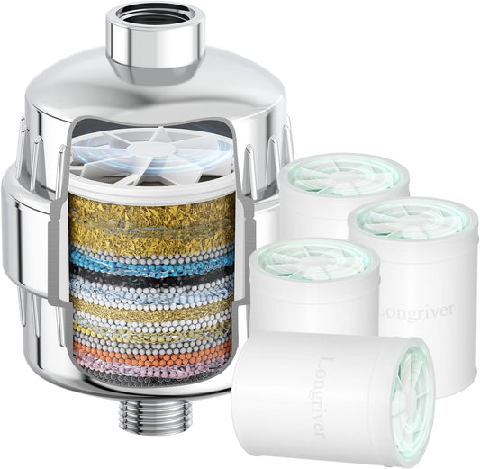 R7 Shower Filter with 4 Replacement Cartridge High Put Shower Water Filter for Hard Water 99.99% Remove Chlorine, Heavy Metals, Shower Water Softener, Improve your skin and hair, Chrome