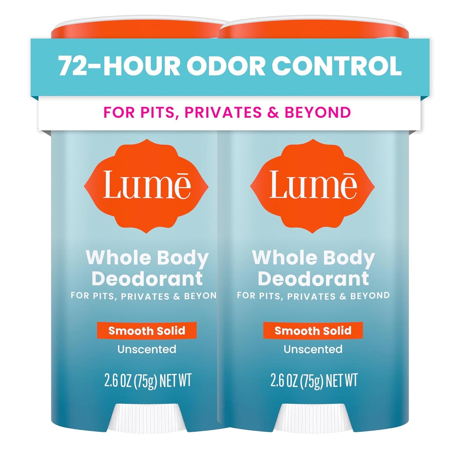 Lume Whole Body Deodorant - Smooth Solid Stick - 72 Hour Odor Control - Aluminum Free, Baking Soda Free and Skin Safe - 2.6 Ounce (Pack of 2) (Unscented)