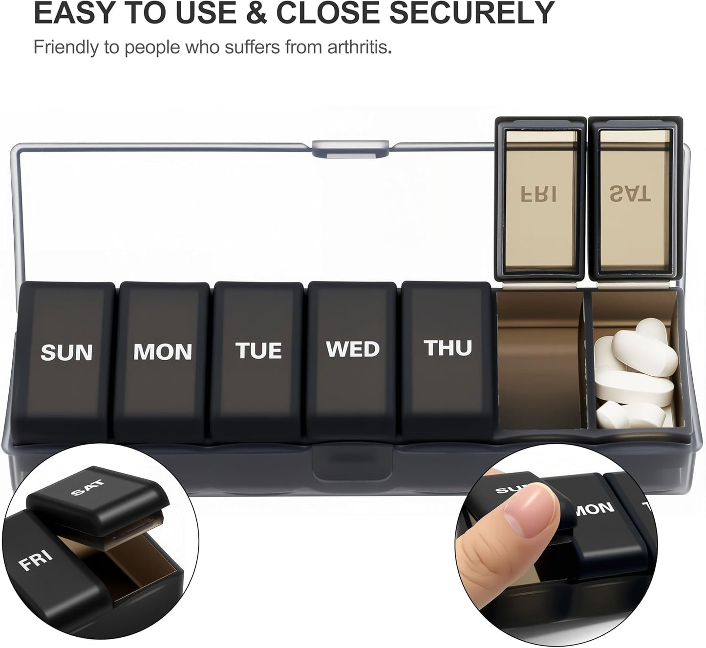 Silicone Weekly Pill Organizer 7 Day, Arthritis-Friendly Medicine Box Daily Pill Box, Large Medicine Case with Shell, Compact Travel Pill Container for Pill, Vitamin, & Fish Oil (Black)