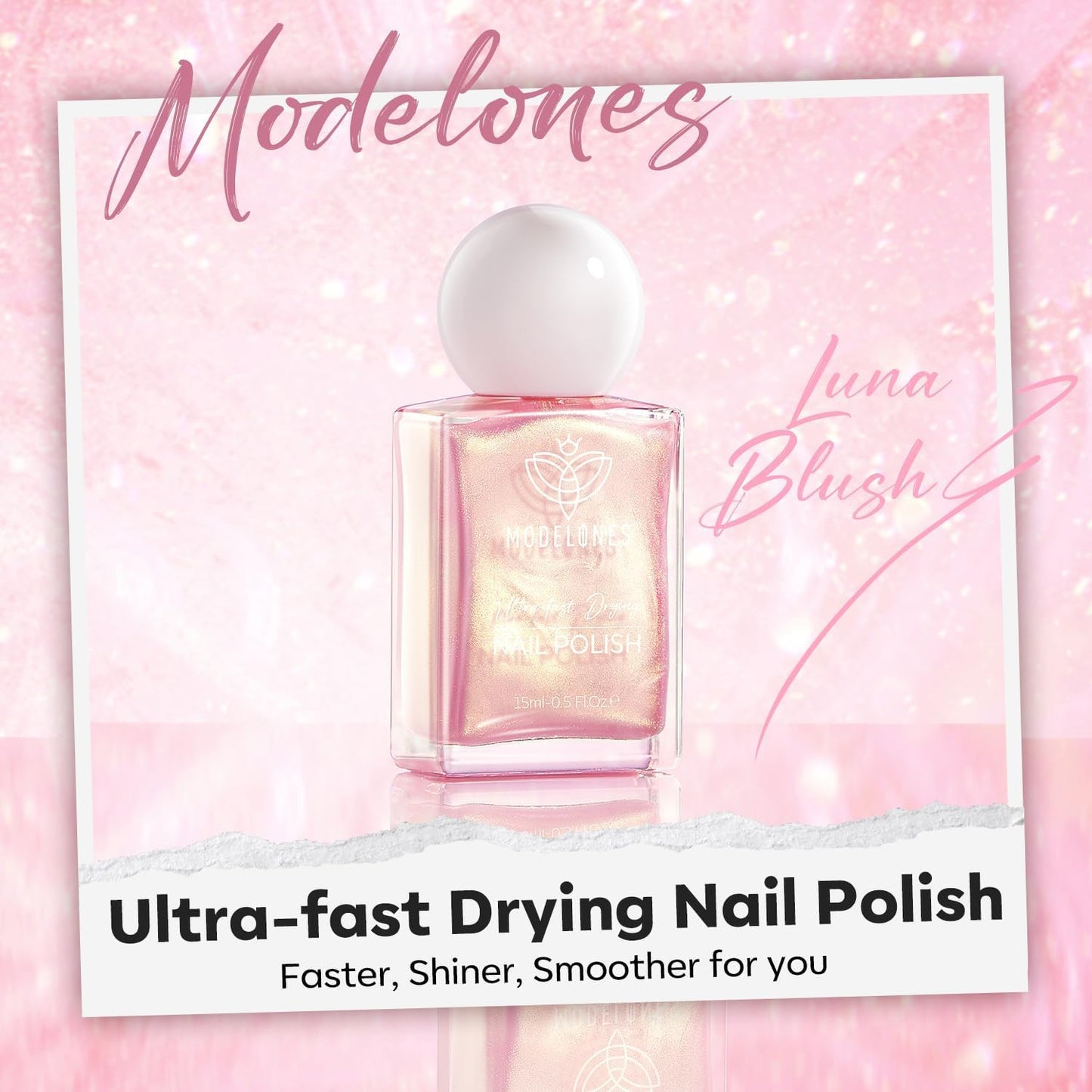 modelones Chrome Pink Nail Polish, 15 ml Pearl Mermaid Iridescent Shimmer Pink Quick Dry Nail Lacquer Long Last Shine Fingernail Polish Nail Art DIY Home Manicure Gift for Women Girls 0.5 Fl Oz