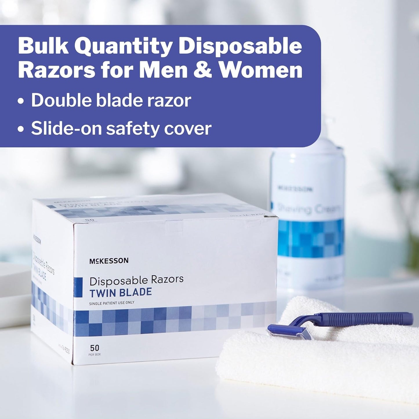 McKesson Disposable Razors [50 Count] – Twin Blade Bulk Shaving Razors for Men & Women, Stainless Steel, Blue, Single-Use for Medical Clinics, Tattoo, Travel, Camping & Salon Care