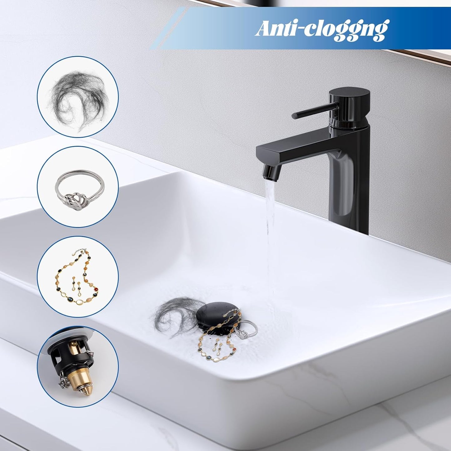 Hibbent All Metal 2 in 1 Bathroom Sink Stopper, Universal Pop Up Drain Strainer, Brass Bullet Core Push Type Sink Stopper for 1.1''~2.3'' Basin, Big Push Button, Anti Clogging Filter, Matte Black