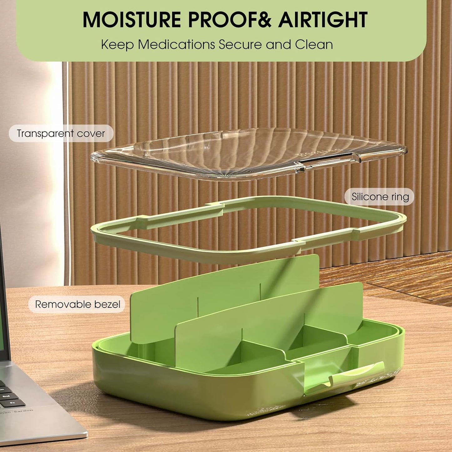 Restree Large Pill Organizer, Moisture Proof & Waterproof Travel Pill Case, Portable Medication Box with Adjustable Dividers for Vitamins Supplements Fish Oil and Daily Pills 9 Compartments (Green)