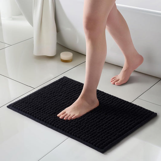 FRESHMINT Thick Chunky Chenille Bathroom Rugs 17"x24", Non Slip Bath Mat for Bathroom Floor, Large Soft Bathroom Decor Accessories, Cute Shower Mat Water Absorbent, Washable, Black