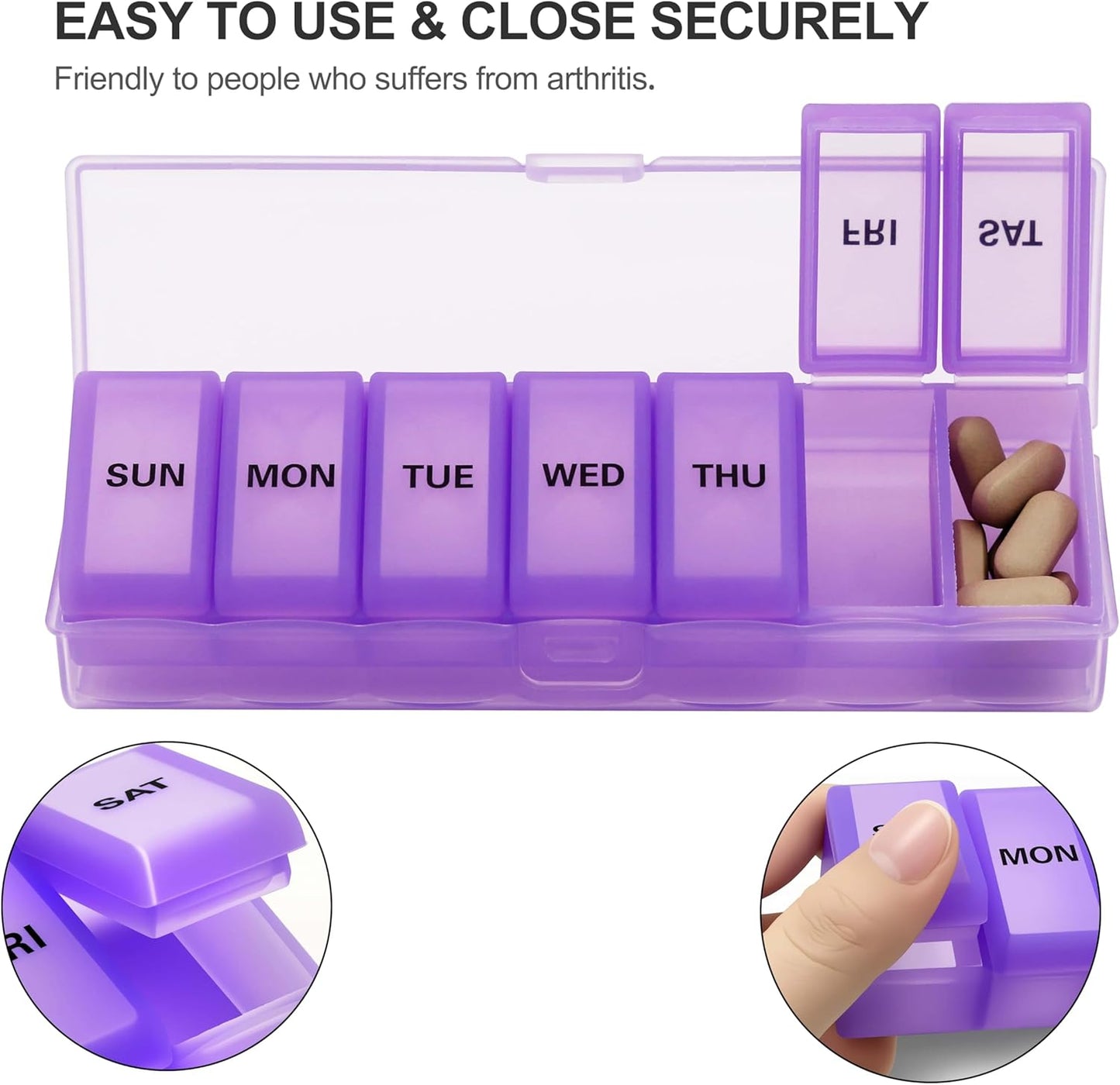 Silicone Weekly Pill Organizer 7 Day, Arthritis-Friendly Medicine Box Daily Pill Box, Large Medicine Case with Shell, Compact Travel Pill Container for Pill, Vitamin, & Fish Oil (Purple)