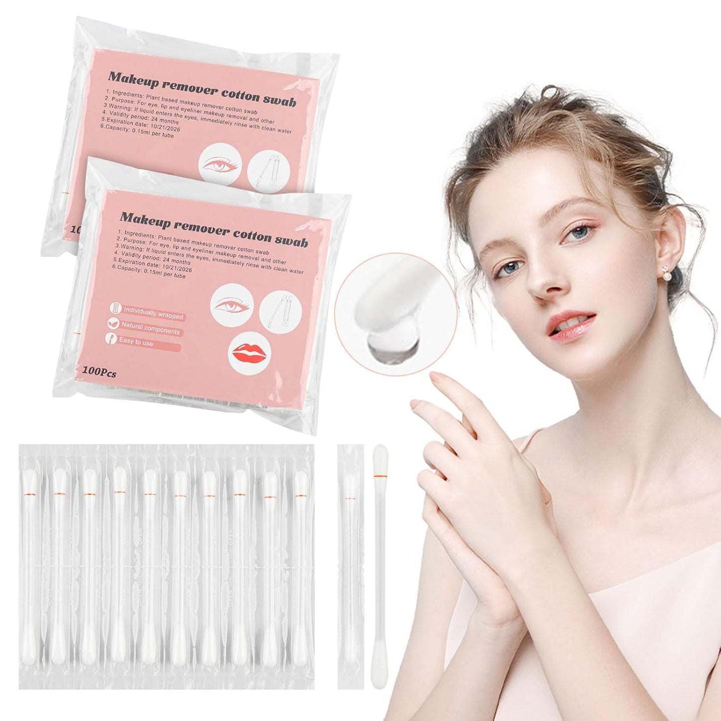 Cotton Swabs,Cotton Makeup Remover Swabs,Eye & Lip Sticks Remover,Liquid-Filled Makeup Remover Swabs Disposable Cotton Swabs for Eye/Lip/Eyebrow/Eyelash Makeup (Pack of 300)