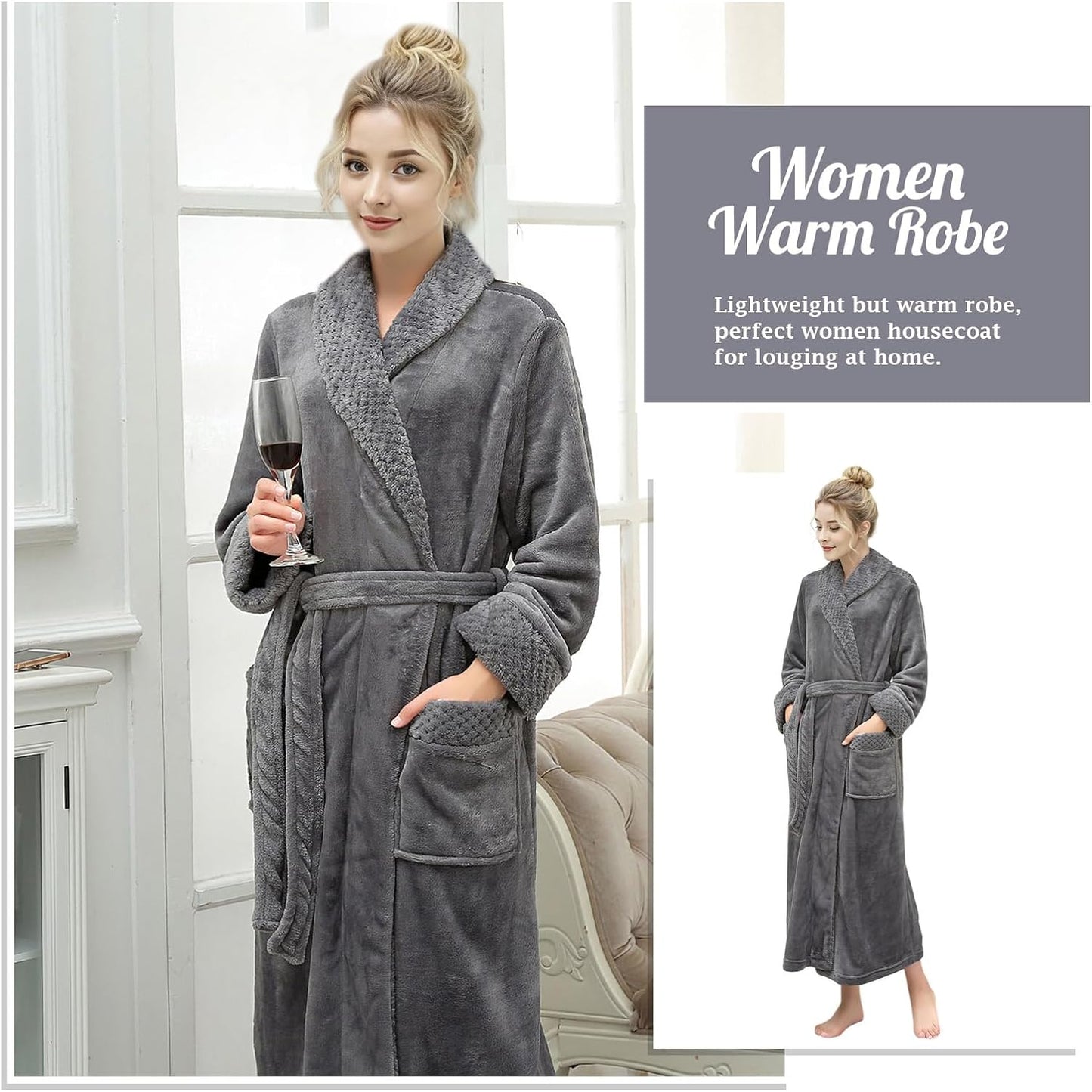Hellomamma Long Bath Robe for Womens Plush Soft Fleece Bathrobes Nightgown Ladies Pajamas Sleepwear Housecoat