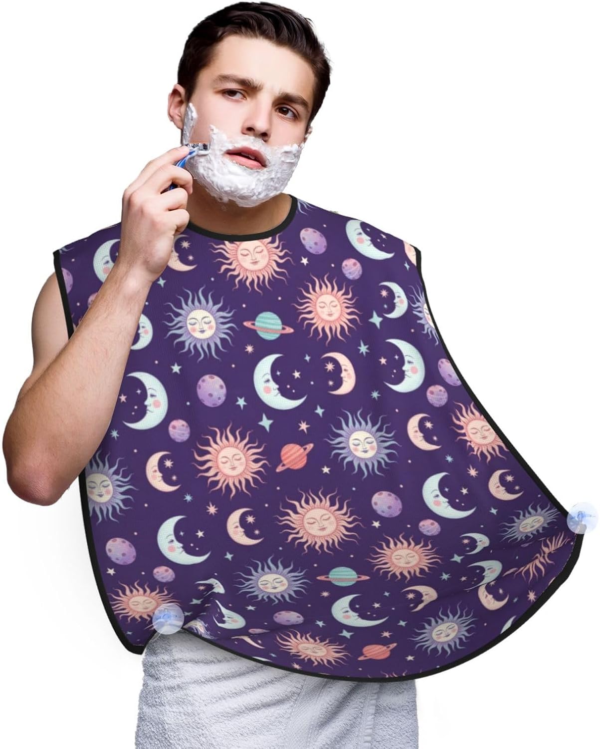 Beard Bib with 3 Suction Cups, Non-Stick Waterproof Hair Catcher Apron, Men's Shaving Essential for Grooming, Purple Galaxy Night Star Sky Trippy Sun and Moon Shave Bib