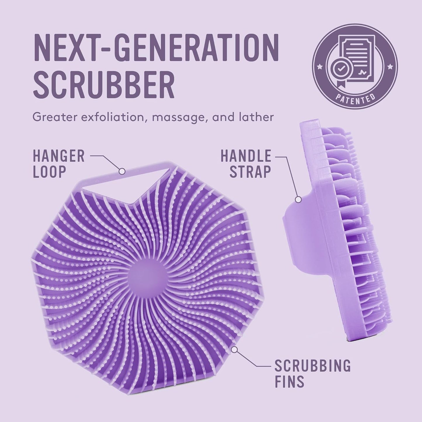 Sud Scrub® Antimicrobial Silicone Body Scrubber, Exfoliating Body Scrubber for Sensitive Skin, Eco Friendly Shower Scrubber for Body, Silicone Body Brush for Showering, Purple