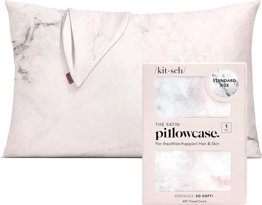 Kitsch Satin Pillowcase with Zipper for Hair & Skin, Softer Than Silk Pillow Cases Queen, Wrinkle-Free, Smooth and Cooling Satin Pillow Covers, Standard Size 19"x26", Marble