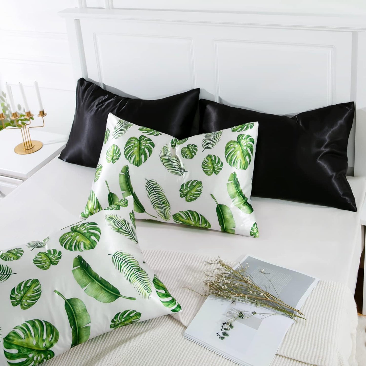 MR&HM Satin Pillowcase for Hair and Skin, Silk Satin Pillowcase 2 Pack, Queen Size Pillow Cases Set of 2, Silky Pillow Cover with Envelope Closure (20x30, Leaves)