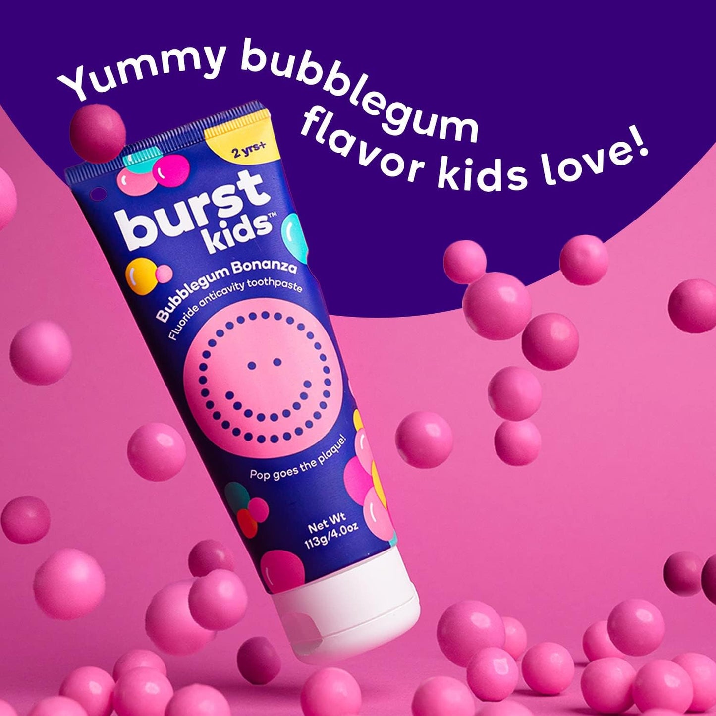 BURST Bubblegum Bonanza Kids Toothpaste with Fluoride (4oz) | Great Tasting | Flavored for Children & Toddlers | Anticavity | Dye Free & Vegan | Safe for Kids Ages 2+