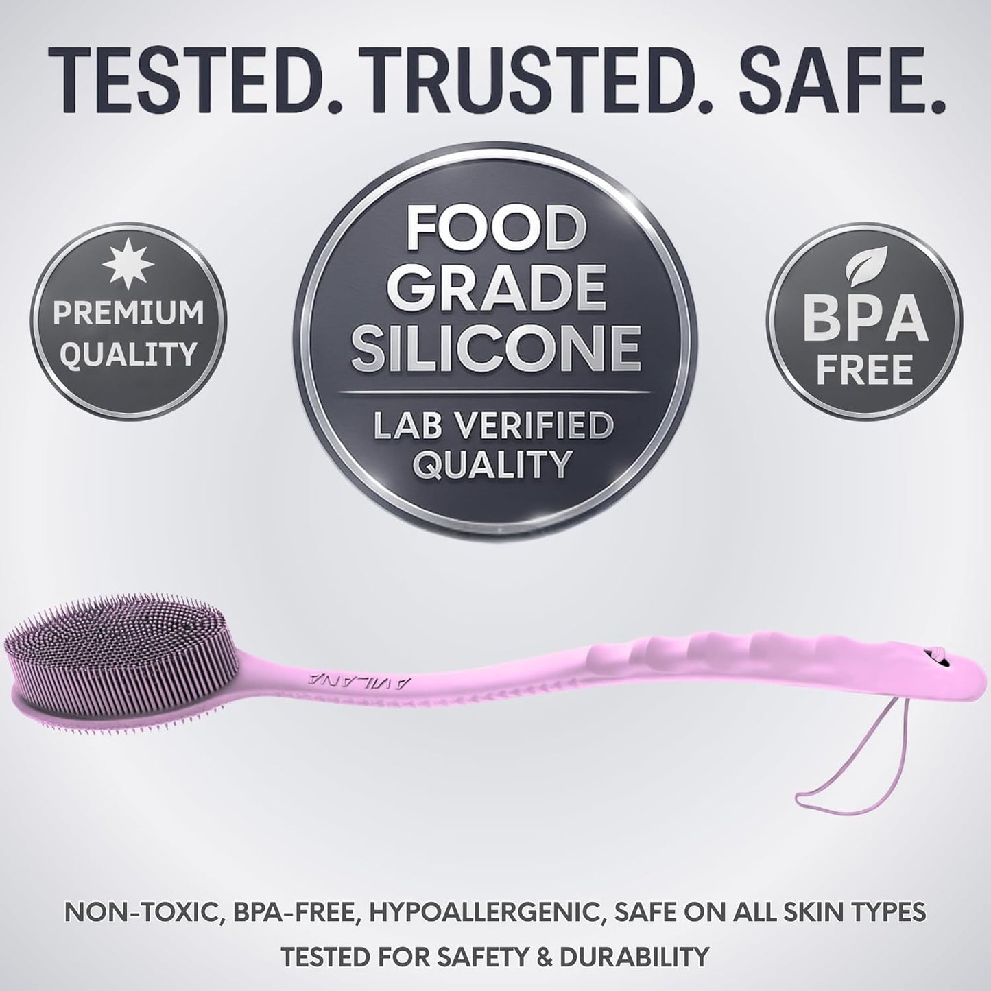Avilana Silicone Body Scrubber – Gentle Shower Brush & Loofah Alternative- Food Grade & Lab Tested – Fast-Drying, Hygienic, BPA-Free Silicone Body Gentle Exfoliator (Pink, Long Handle)