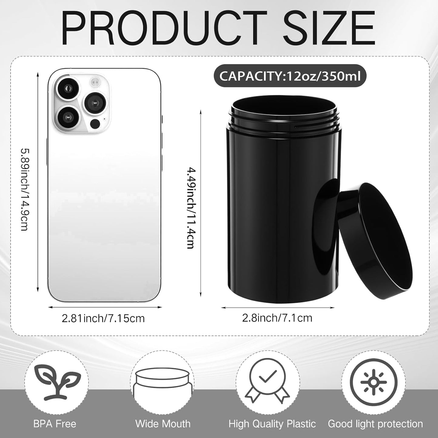 SATINIOR 12 Pack 12 oz Plastic Container Jars with Lids Round Clear Travel Cosmetic Container Slime Jar for Toiletries, Lotion, Cream, Ointment, Makeup, Rhinestone, Sample, Kitchen Storage(Pure Black)