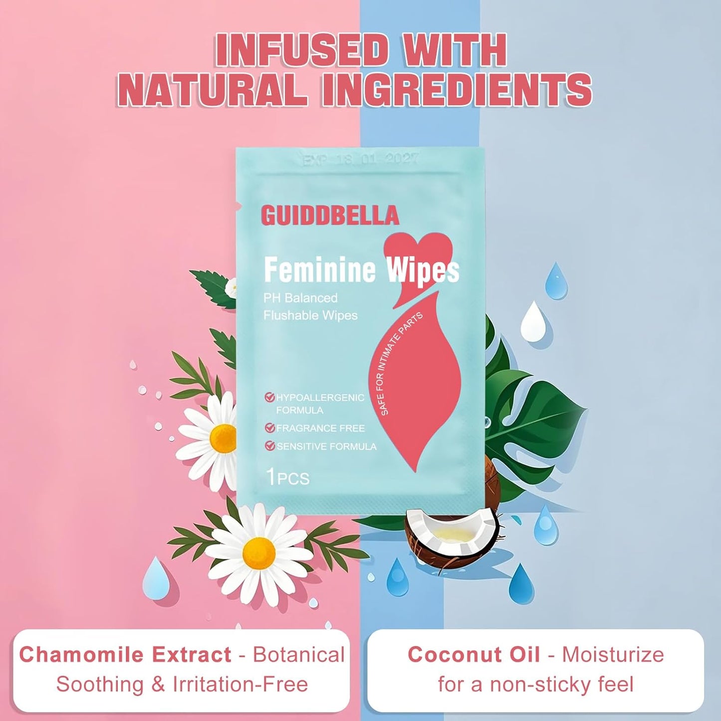 Feminine Wipes for Women - Individually Wrapped Flushable Wipes, PH-Balanced, Alcohol-Free, Unscented, Safe for Sensitive Skin (20 Count)