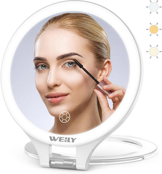 WEILY Magnifying Mirror with Light, 10X/1X Magnification Double-Sided Travel Makeup Mirror, with 3 Color Lights, Touch Control, Rechargeable Portable Mirrors for Bedroom, Bathroom (White)