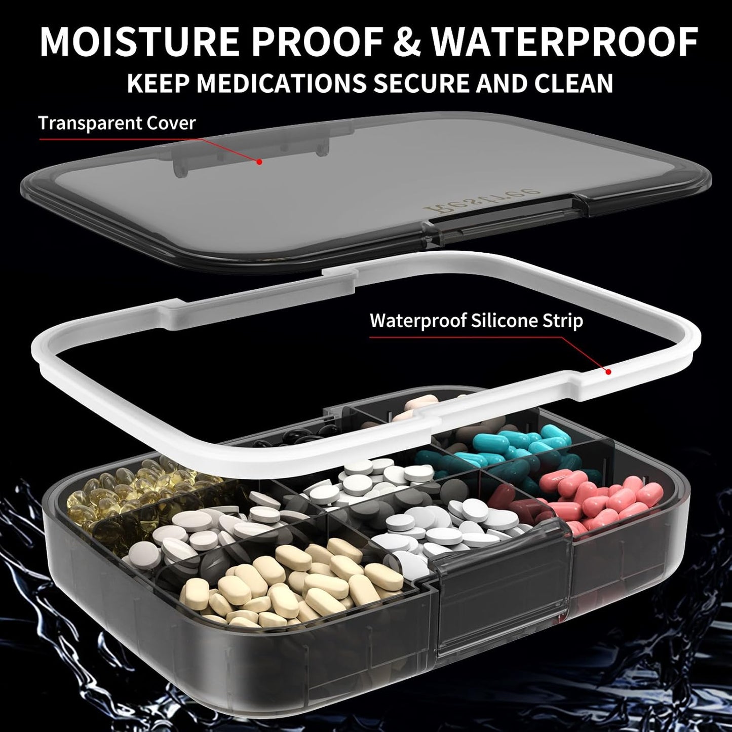 Restree Large Pill Organizer, Moisture Proof & Waterproof Travel Pill Case, Portable Medication Box with Adjustable Dividers for Vitamins Supplements Fish Oil and Daily Pills 9 Compartments (Black)