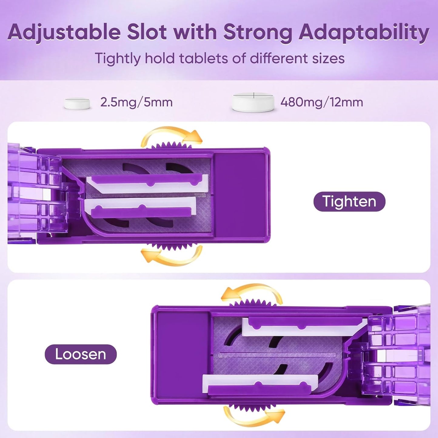 Multiple Pill Cutter for Small or Large Pills, Adjustable Pill Splitter for Multi Tablets, Stainless Steel Cutting Blade and Blade Guard (Purple)