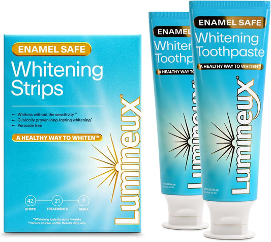 Lumineux Whitening Duo Set – Peroxide Free - Enamel Safe for Whiter Teeth – Includes 21 Whitening Treatments & 2 Pack Whitening Toothpaste, Fluoride Free & Dentist Formulated