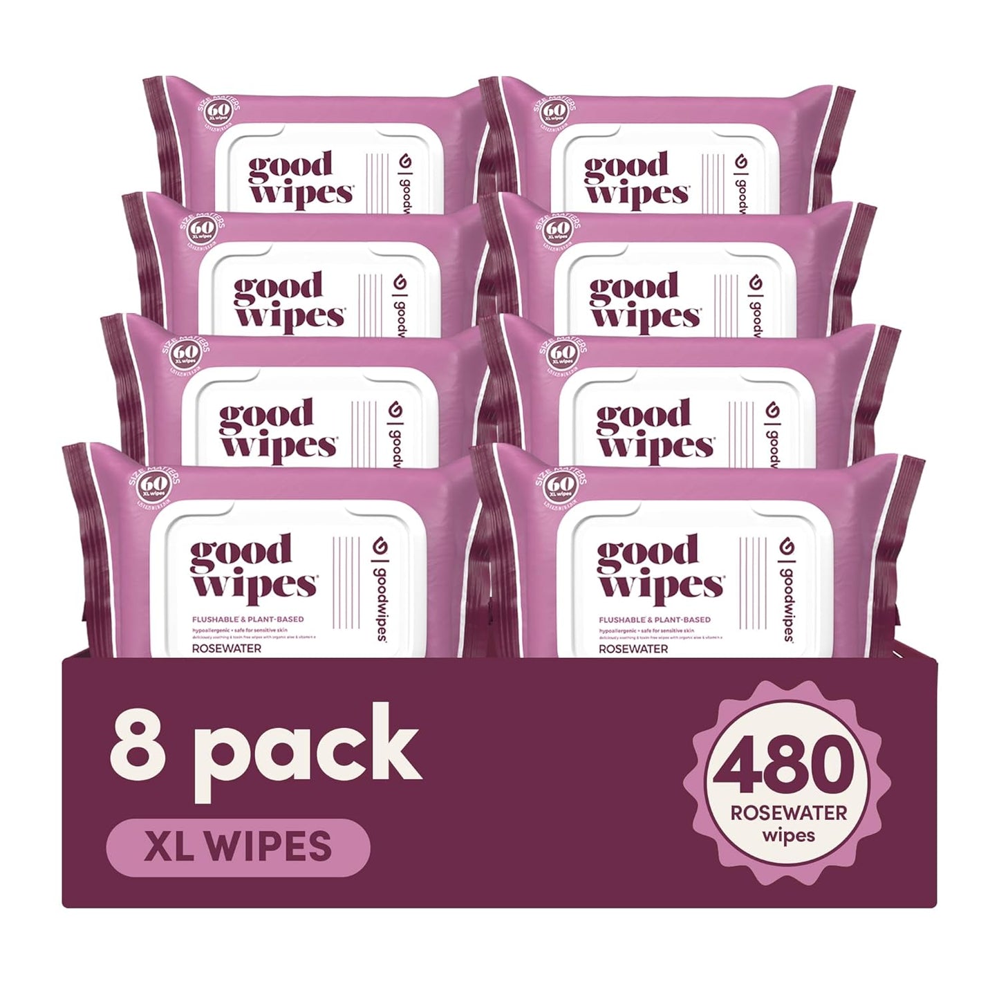 Goodwipes Flushable Butt Wipes Made with Vitamin E & Aloe - Soft & Gentle Wet Wipe Dispenser for Home Use, Septic & Sewer Safe - Largest Adult Toilet Towelettes - Rosewater, 480 Count (8 Packs)