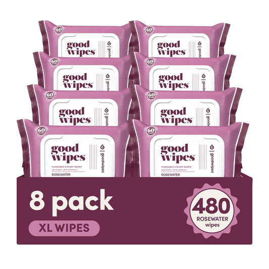 Goodwipes Flushable Butt Wipes Made with Vitamin E & Aloe - Soft & Gentle Wet Wipe Dispenser for Home Use, Septic & Sewer Safe - Largest Adult Toilet Towelettes - Rosewater, 480 Count (8 Packs)