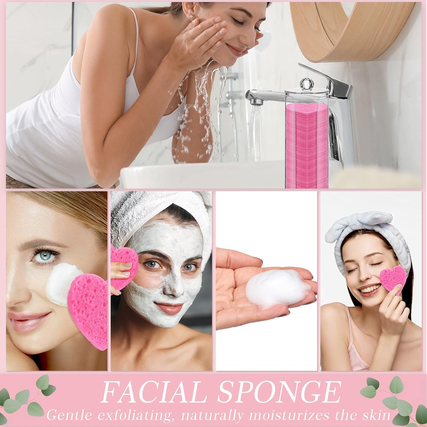 Sieral 120 Pcs Compressed Facial Sponges with Container Disposable Face Sponge Pads for Washing Face Cleansing Exfoliating Esthetician Makeup Removal(Heart,Rose Red)