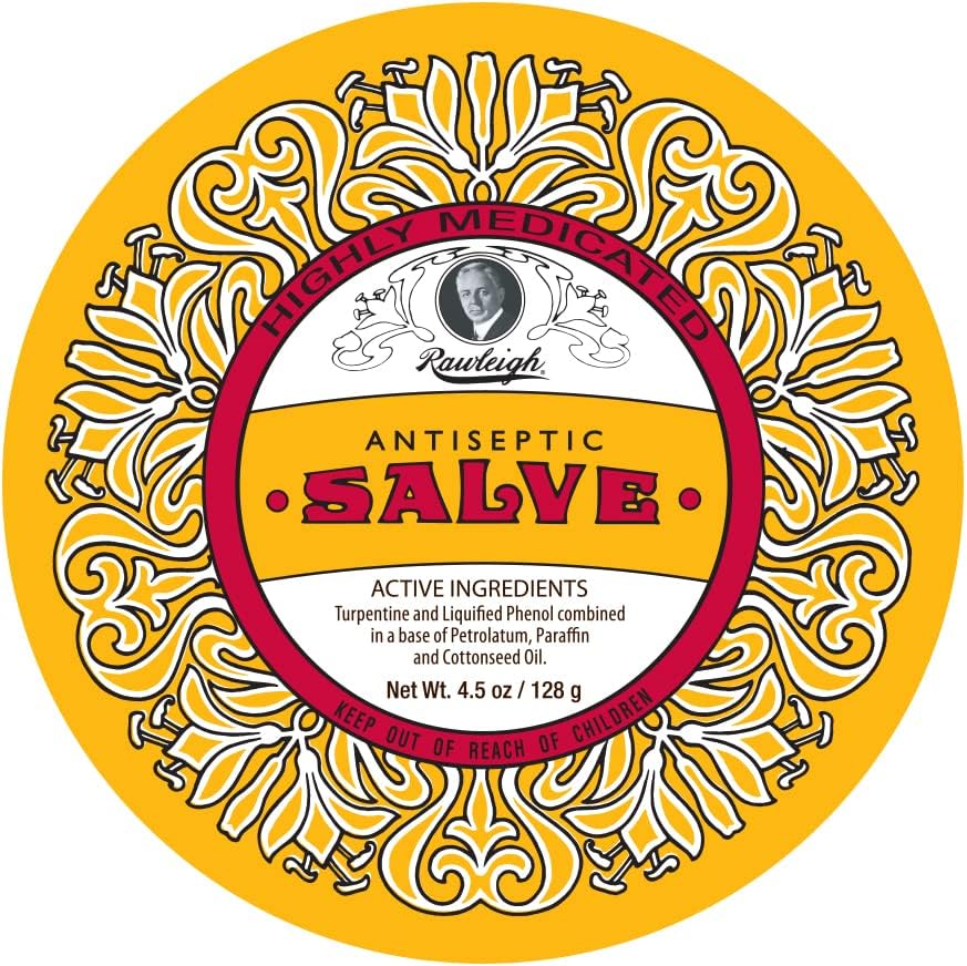 Rawleigh Antiseptic Salve Iconic Yellow Big Tin: 4.5 oz, Multi-Purpose Ointment Soothes Cuts, Bruises, Irritations, with Turpentine, Phenol, Cottonseed Oil & Paraffin, Original Formula - Pack of 12