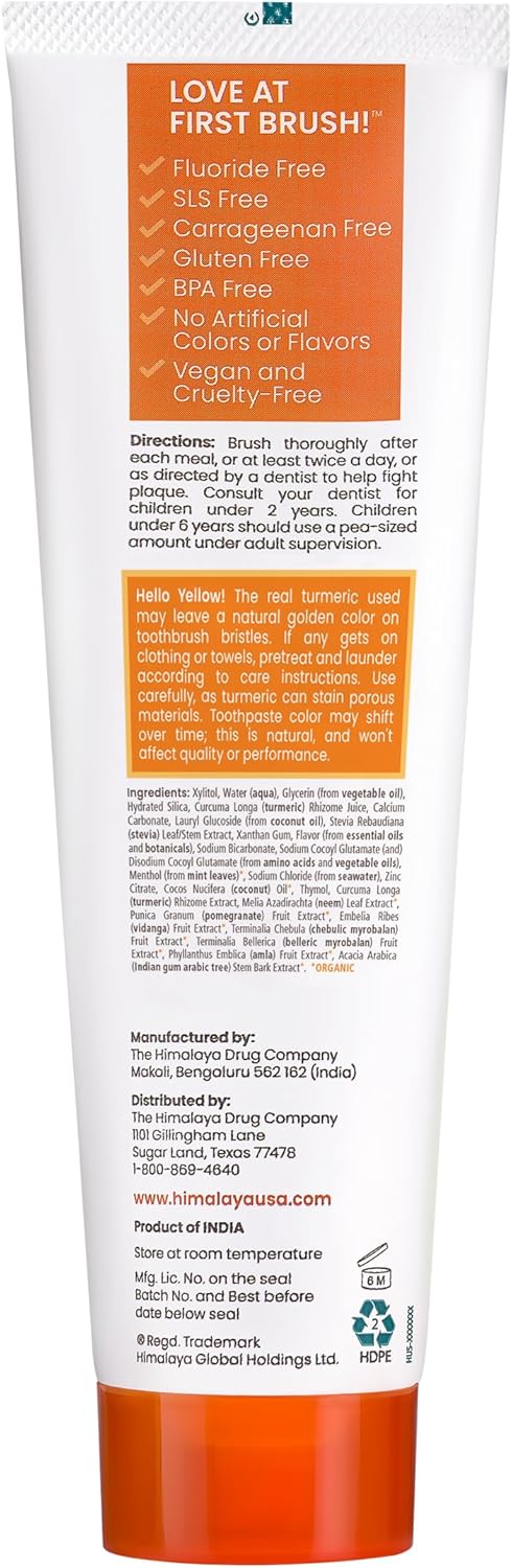 Himalaya Botanique Turmeric & Coconut Oil Whitening Antiplaque Herbal Toothpaste, Whitens Teeth, Fluoride Free, No Artificial Flavors, SLS Free, Vegan, Cruelty Free, Foaming, Mint Flavor, 4 Oz, 2 Pack