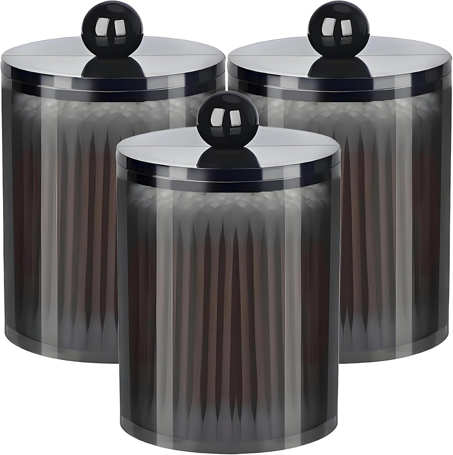 AXX Qtip Dispenser Apothecary Jars Bathroom - Qtip Holder Storage Canister Clear Plastic Jar for Cotton Swab,Q-Tips,Cotton Rounds (Black 3Pcs)